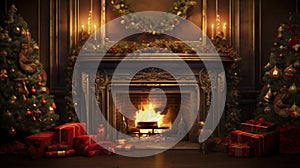 stockphoto, christmas evening, interior of decorated room and fireplace for the holiday. Cosy Christmas interior