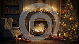 stockphoto, christmas evening, interior of decorated room and fireplace for the holiday. Cosy Christmas interior