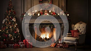 stockphoto, christmas evening, interior of decorated room and fireplace for the holiday. Cosy Christmas interior