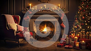 stockphoto, christmas evening, interior of decorated room and fireplace for the holiday. Cosy Christmas interior