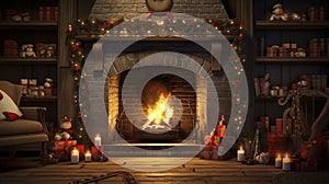 stockphoto, christmas evening, interior of decorated room and fireplace for the holiday. Cosy Christmas interior