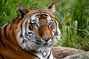 StockPhoto Close up portrait showcases Bengal tigers majestic presence in wild