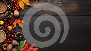 stockphoto, copy space, autumn. Colorful fall leaves, nuts and pine cones. Corner border over a rustic dark banner background.