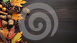 stockphoto, copy space, autumn. Colorful fall leaves, nuts and pine cones. Corner border over a rustic dark banner background