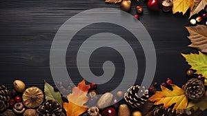 stockphoto, copy space, autumn. Colorful fall leaves, nuts and pine cones. Corner border over a rustic dark banner background