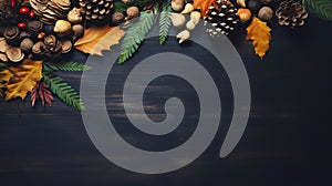 stockphoto, copy space, autumn. Colorful fall leaves, nuts and pine cones. Corner border over a rustic dark banner background