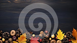 stockphoto, copy space, autumn. Colorful fall leaves, nuts and pine cones. Corner border over a rustic dark banner background