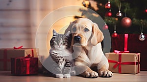 stockphoto, copy space, Cute dog and cat together near christmas tree and gifts. Beautiful background for Christmas card