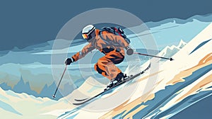 stockphoto, copy space, flat vector illustration, hand drawn, Jumping skier skiing. Extreme winter sports on mountain.