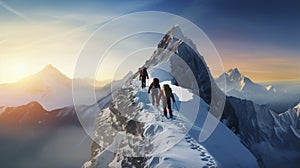 stockphoto, copy space, A group of climbers climb the mountains in winter. Healthy winter activities.