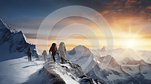 stockphoto, copy space, A group of climbers climb the mountains in winter. Healthy winter activities.