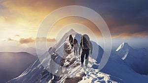 stockphoto, copy space, A group of climbers climb the mountains in winter. Healthy winter activities.