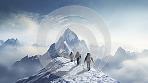 stockphoto, copy space, A group of climbers climb the mountains in winter. Healthy winter activities.