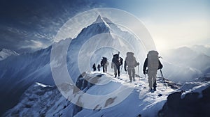 stockphoto, copy space, A group of climbers climb the mountains in winter. Healthy winter activities.