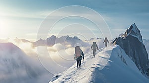 stockphoto, copy space, A group of climbers climb the mountains in winter. Healthy winter activities.