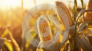 stockphoto, corn stalk close up in a corn field golden hour fall autumn harvest stockphoto. Agriculture background