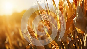 stockphoto, corn stalk close up in a corn field golden hour fall autumn harvest stockphoto. Agriculture background