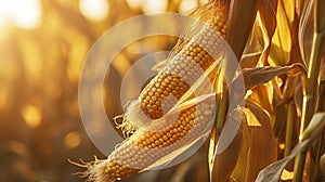 stockphoto, corn stalk close up in a corn field golden hour fall autumn harvest stockphoto. Agriculture background