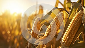 stockphoto, corn stalk close up in a corn field golden hour fall autumn harvest stockphoto. Agriculture background