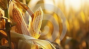 stockphoto, corn stalk close up in a corn field golden hour fall autumn harvest stockphoto. Agriculture background