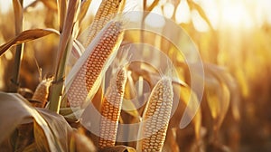 stockphoto, corn stalk close up in a corn field golden hour fall autumn harvest stockphoto. Agriculture background