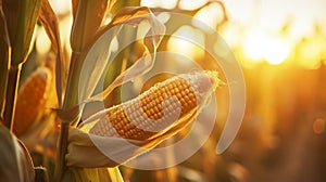 stockphoto, corn stalk close up in a corn field golden hour fall autumn harvest stockphoto. Agriculture background