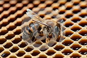 StockPhoto Detailed close up of bee sting on honey, highlighting natural intricacies