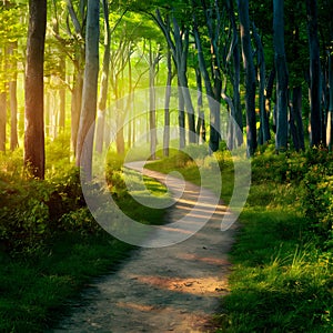 StockPhoto Footpath meandering through lush forest, dappled with golden light