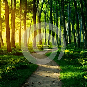 StockPhoto Footpath meandering through lush forest, dappled with golden light