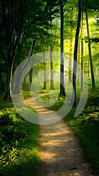 StockPhoto Footpath meandering through lush forest, dappled with golden light