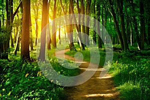 StockPhoto Footpath meandering through lush forest, dappled with golden light