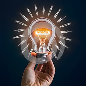 StockPhoto Glowing light bulb in hand on dark background, representing innovation and creativity