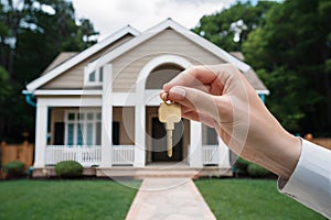 StockPhoto Hand holds key in front of house, symbolizing new home