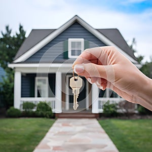 StockPhoto Hand holds key in front of house, symbolizing new home photo