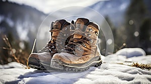 stockphoto, Hiker\'s Boots in the snow. Empty used hiking boots standing on the soil in a snowy landscape