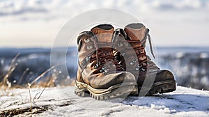 stockphoto, Hiker\'s Boots in the snow. Empty used hiking boots standing on the soil in a snowy landscape