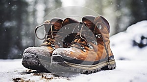 stockphoto, Hiker\'s Boots in the snow. Empty used hiking boots standing on the soil in a snowy landscape