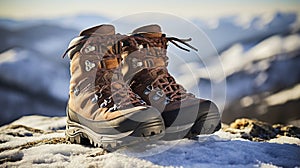 stockphoto, Hiker\'s Boots in the snow. Empty used hiking boots standing on the soil in a snowy landscape