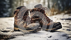 stockphoto, Hiker\'s Boots in the snow. Empty used hiking boots standing on the soil in a snowy landscape