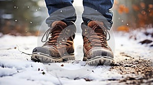 stockphoto, Hiker\'s Boots in the snow. Empty used hiking boots standing on the soil in a snowy landscape.