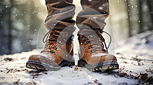 stockphoto, Hiker\'s Boots in the snow. Empty used hiking boots standing on the soil in a snowy landscape