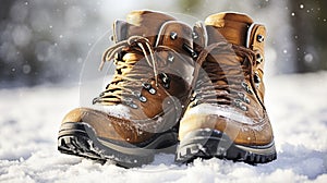 stockphoto, Hiker\'s Boots in the snow. Empty used hiking boots standing on the soil in a snowy landscape