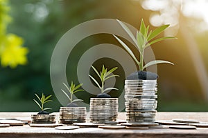 StockPhoto Investment concept, coins stack with green seedling on black