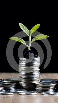 StockPhoto Investment concept, coins stack with green seedling on black photo