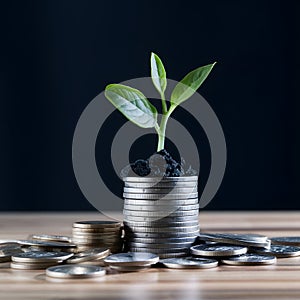 StockPhoto Investment concept, coins stack with green seedling on black photo