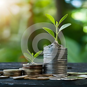 StockPhoto Investment concept, coins stack with green seedling on black photo