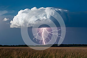 StockPhoto Lightning bolt strikes large cloud dramatically in expansive sky