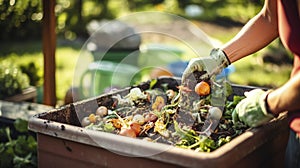 stockphoto, Person composting food waste in backyard compost bin garden. Person putting green waste into a compost bin.