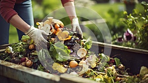 stockphoto, Person composting food waste in backyard compost bin garden. Person putting green waste into a compost bin