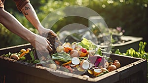 stockphoto, Person composting food waste in backyard compost bin garden. Person putting green waste into a compost bin